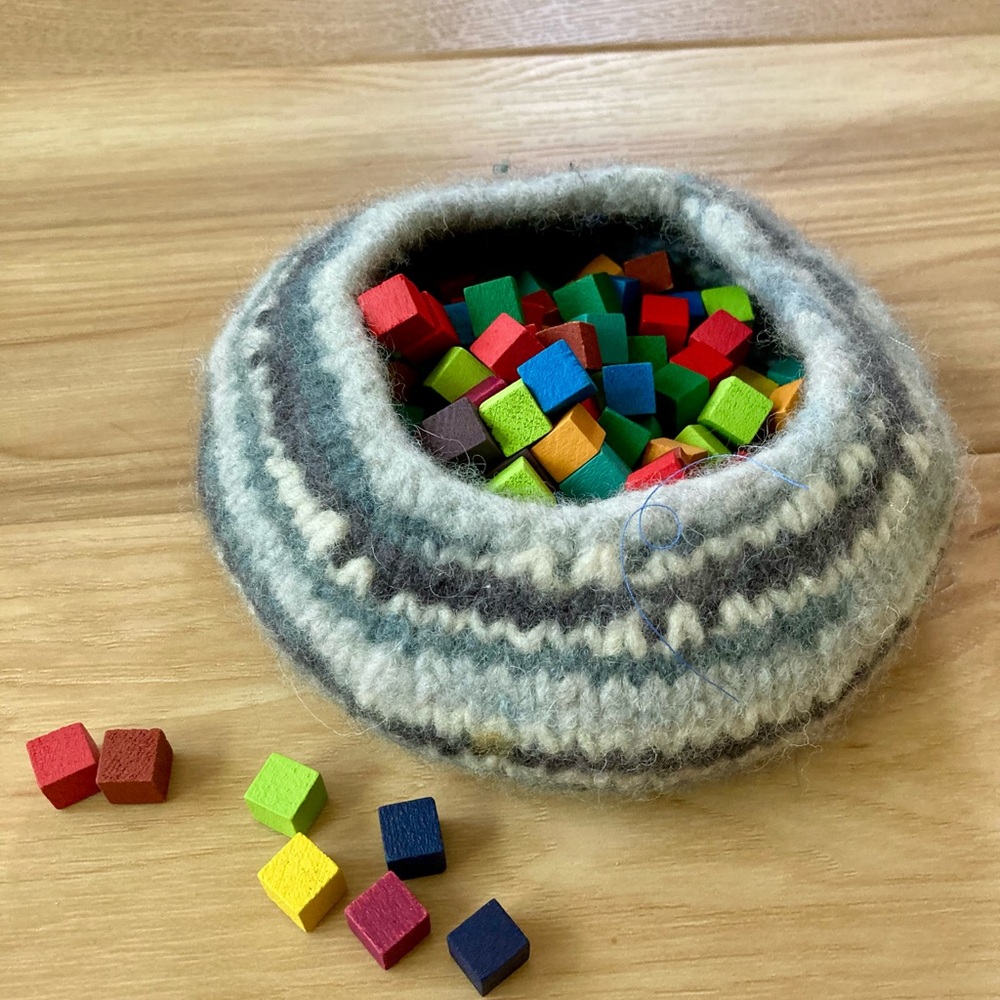 Grimm’s style Colorful Wooden counting Blocks in Knit Basket Waldorf loose parts